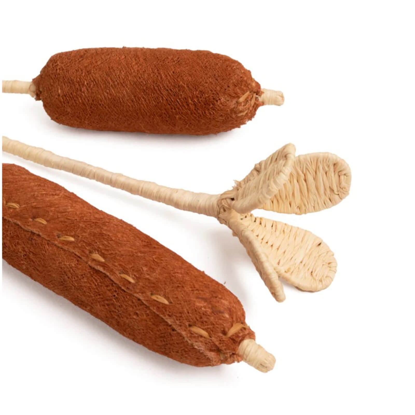 Woven brown cattails on a white background