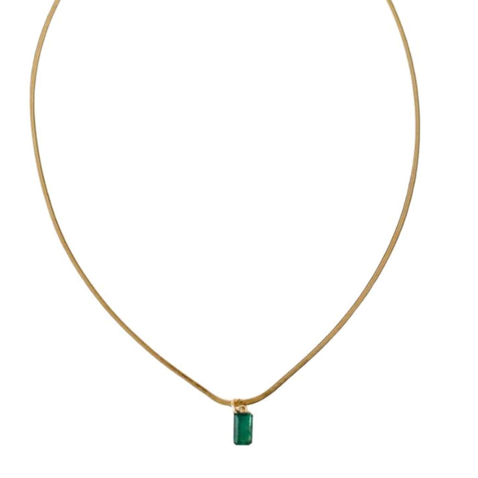Necklace with a green pendant on a thin gold chain against a white background
