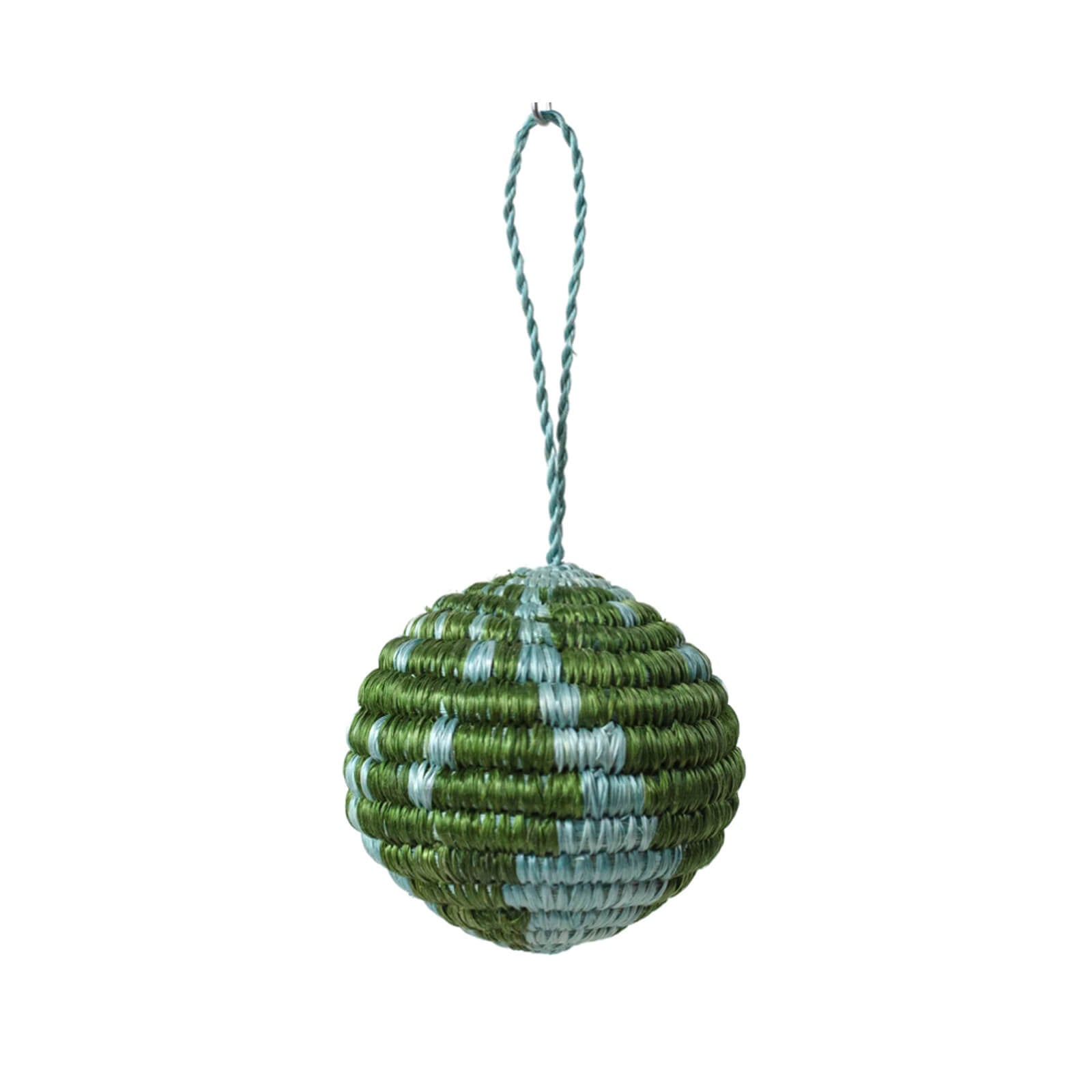 Green and gray spherical woven ornament on a white background