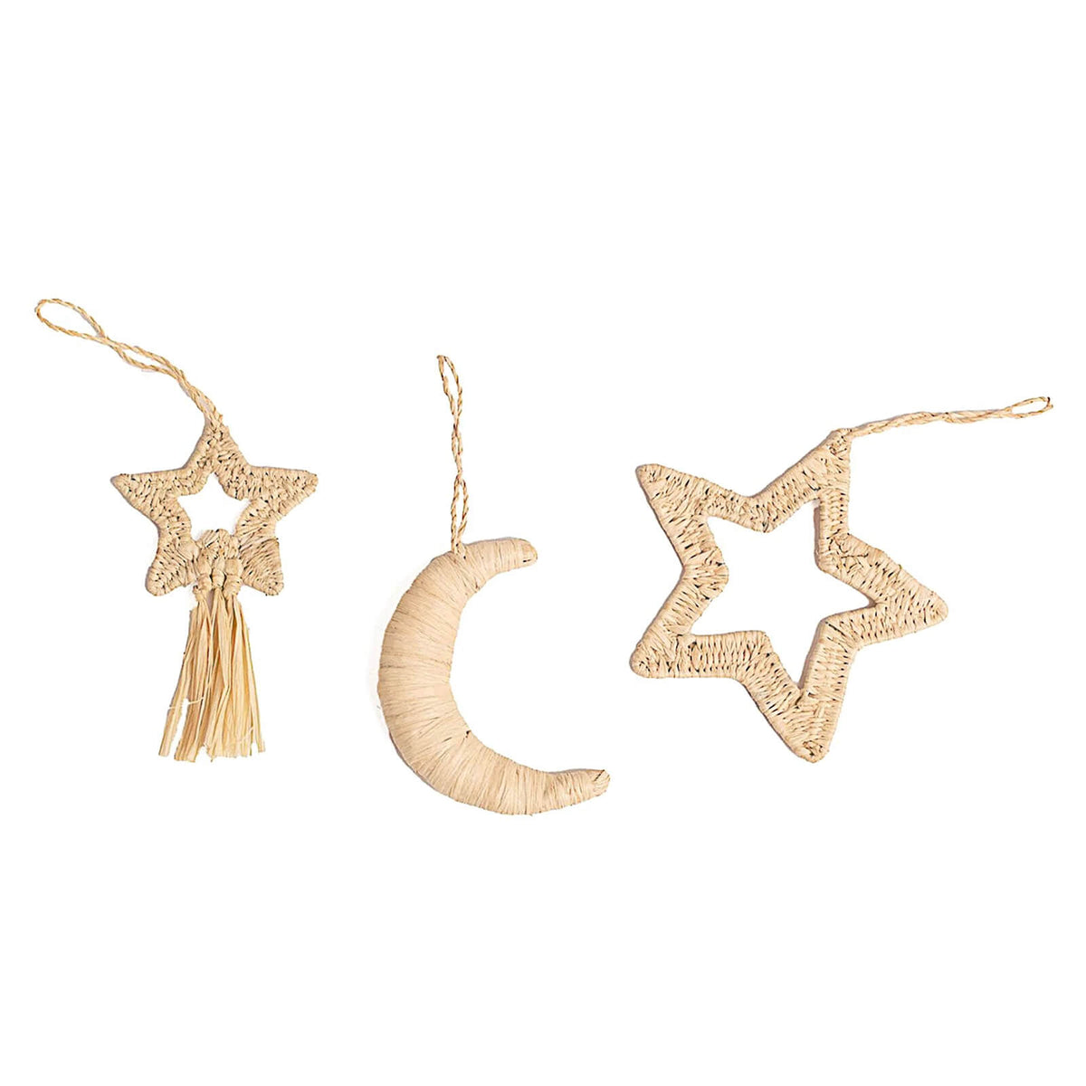 Decorative items including a star, crescent moon, and tassel on a white background