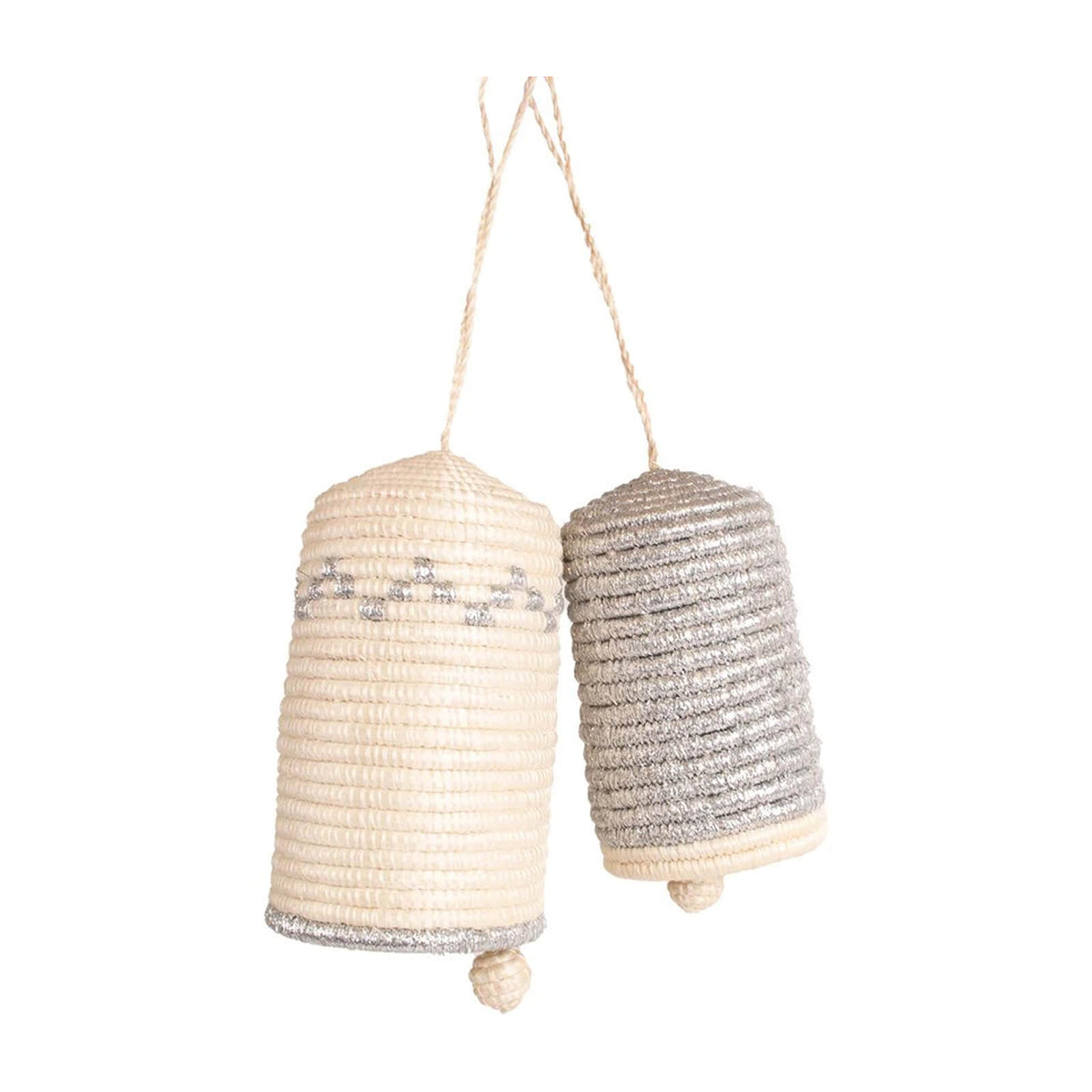 Two woven hanging lanterns, one beige and one gray, on a white background.