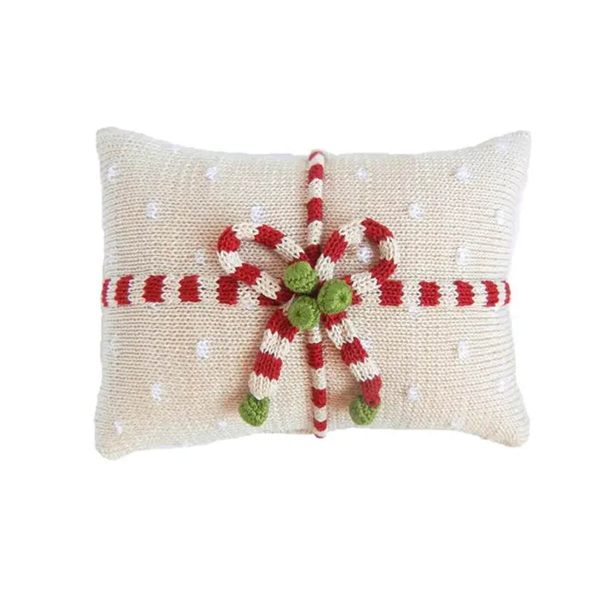 Decorative pillow with candy cane bow tie on a white background