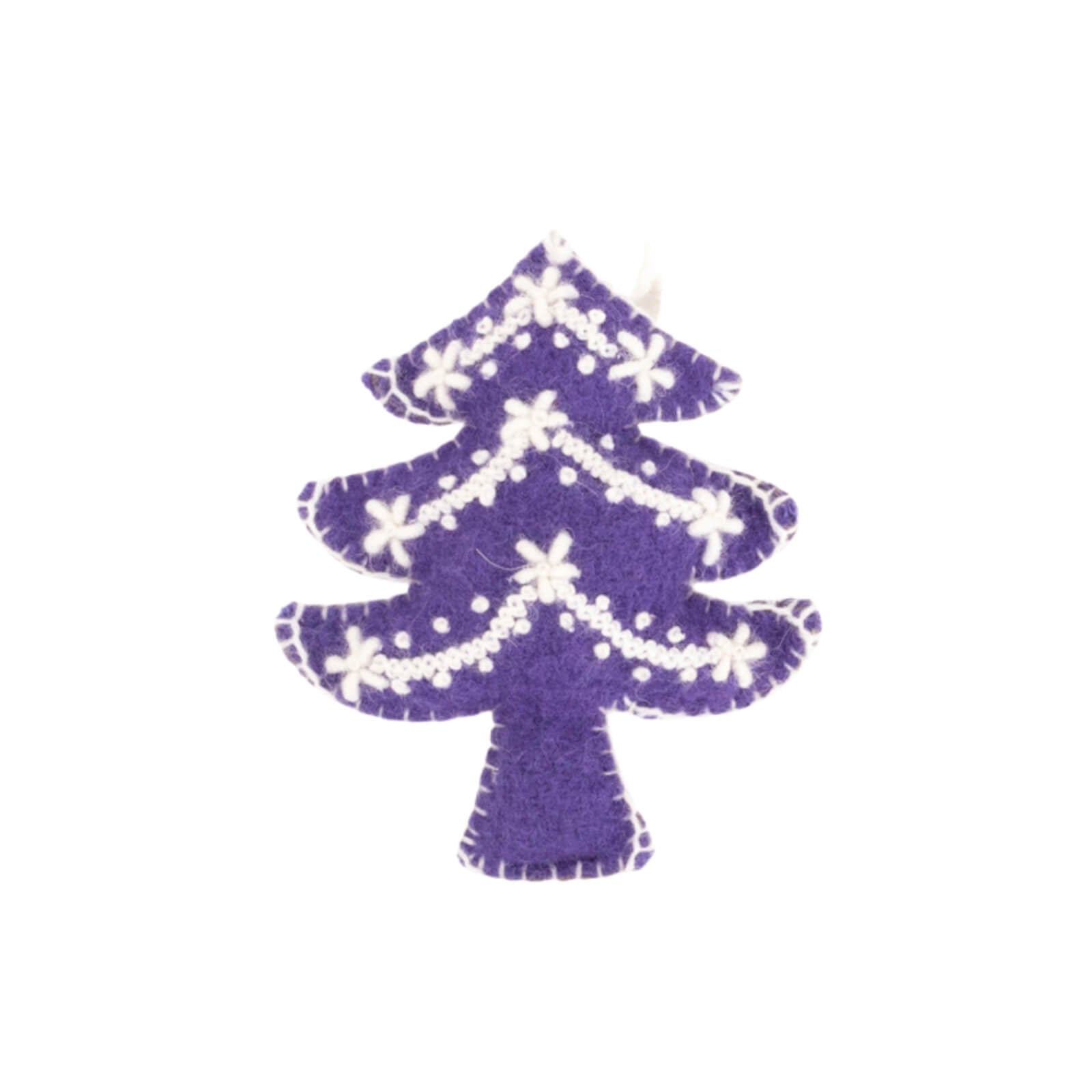 Purple Christmas tree ornament with white snowflakes on a white background