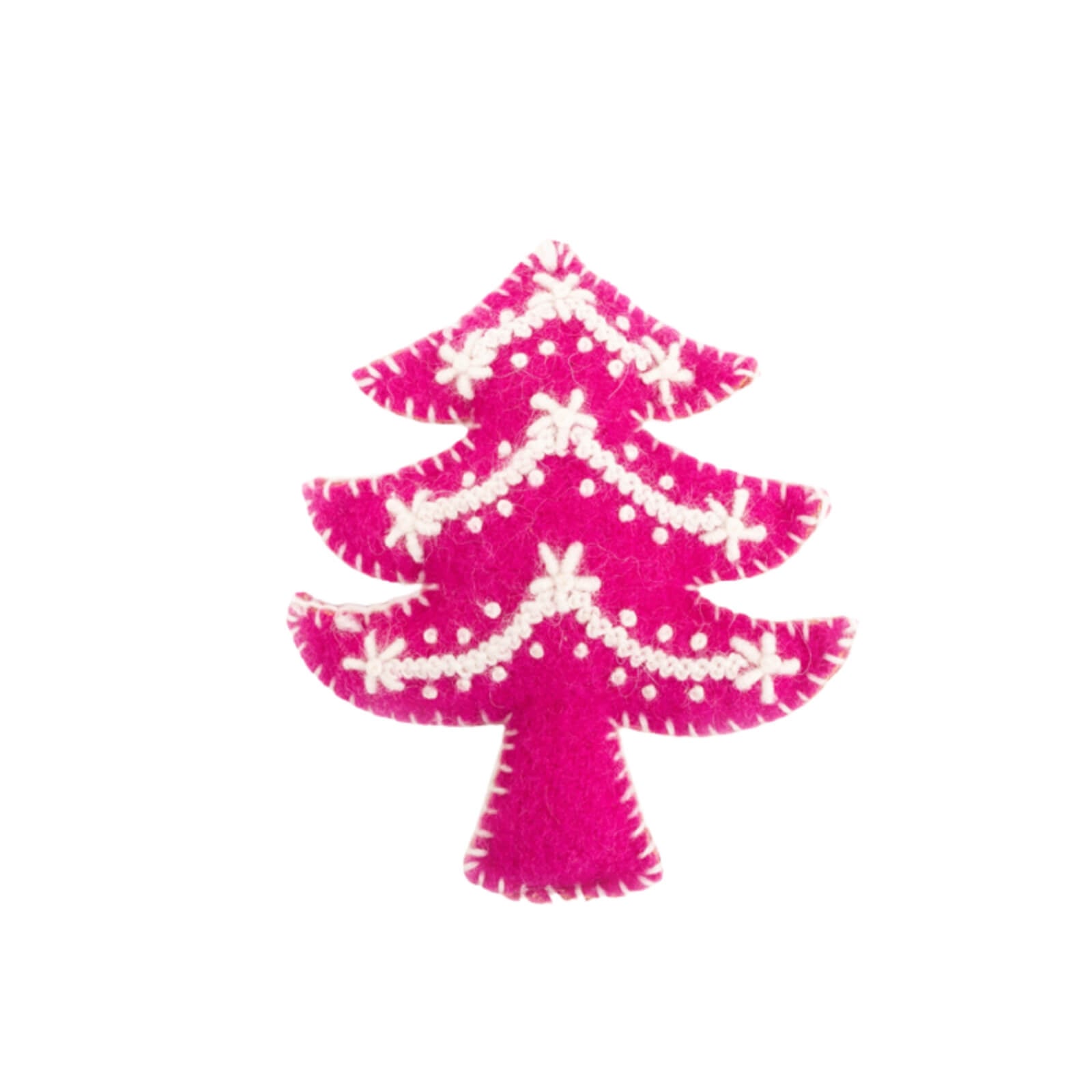 Pink Christmas tree ornament with white decorations on a white background