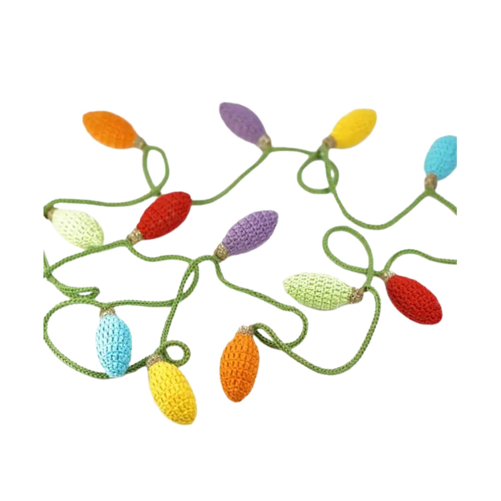 Colorful crocheted Christmas lights on a white background