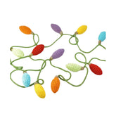 Colorful crocheted Christmas lights on a white background