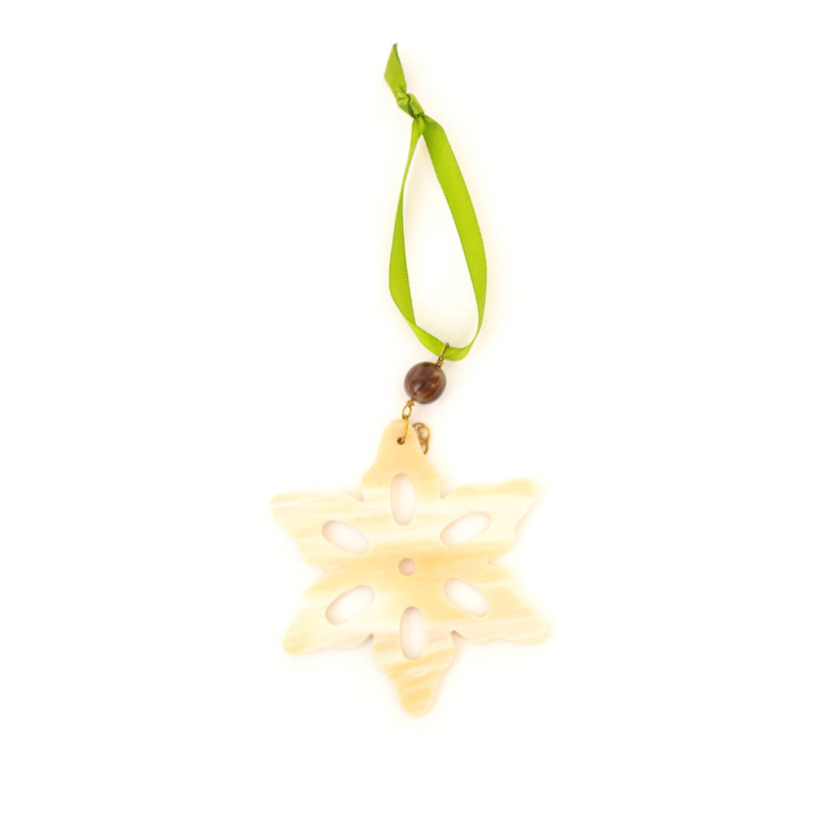 Decorative star ornament with a green ribbon on a white background