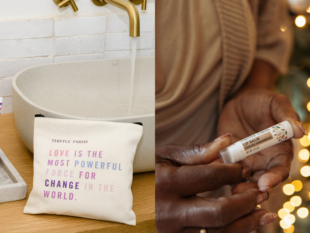 Cosmetic products on a tray with zip pouch, and a person holding a lip balm.