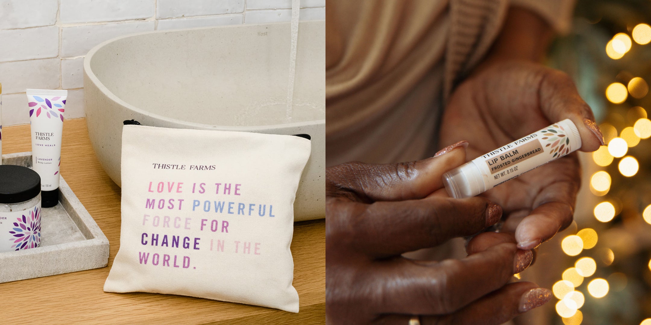 Product display with a zip pouch, bottle, and tube on a wooden surface, followed by a close-up of hands holding a lip balm.