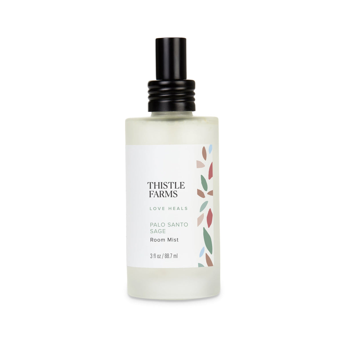 A white spray bottle labeled 'Thistle Farms Palo Santo Sage Room Mist' with a black cap, part of the 'love heals' collection.