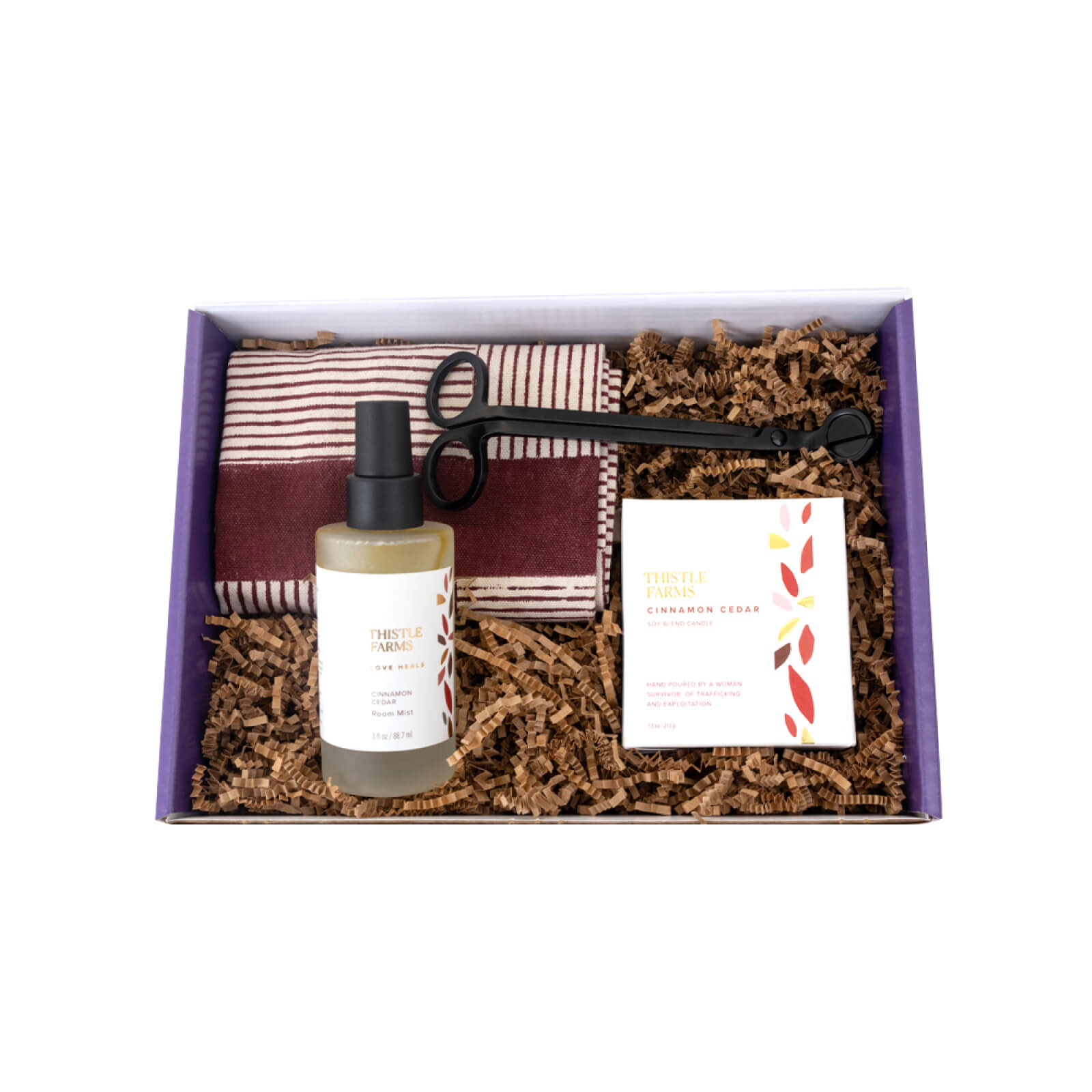 Gift set with a bottle, towel, and other items in a box on a white background