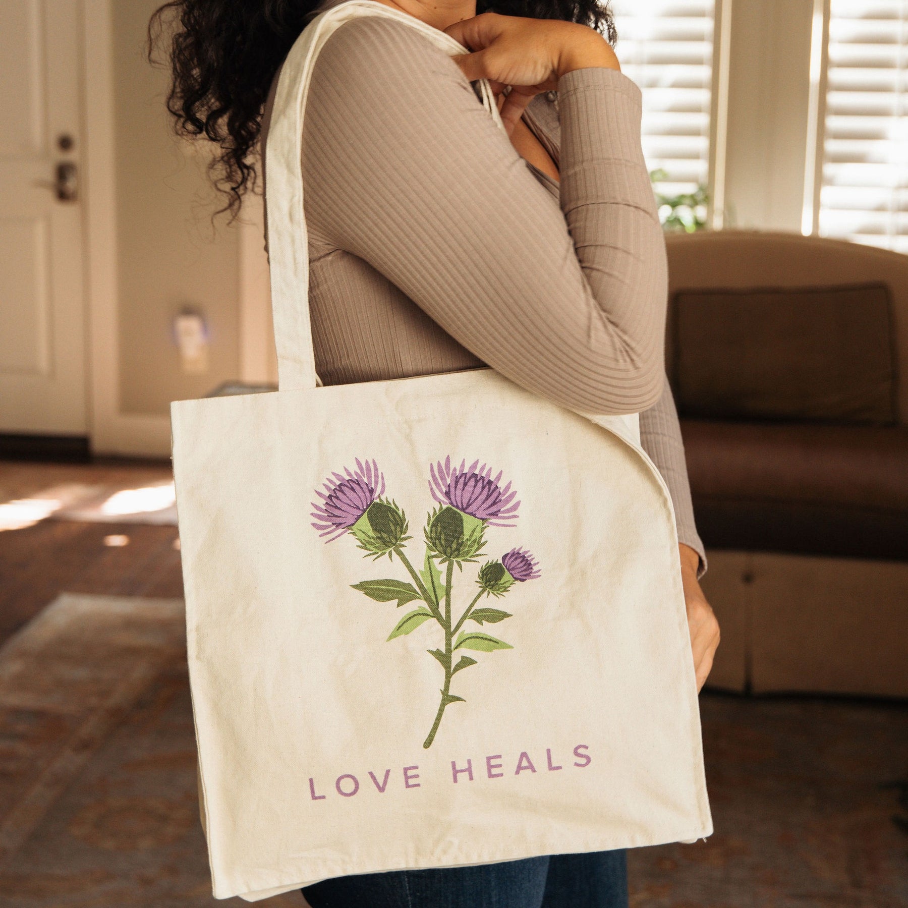 Canvas Love Heals Thistle Tote