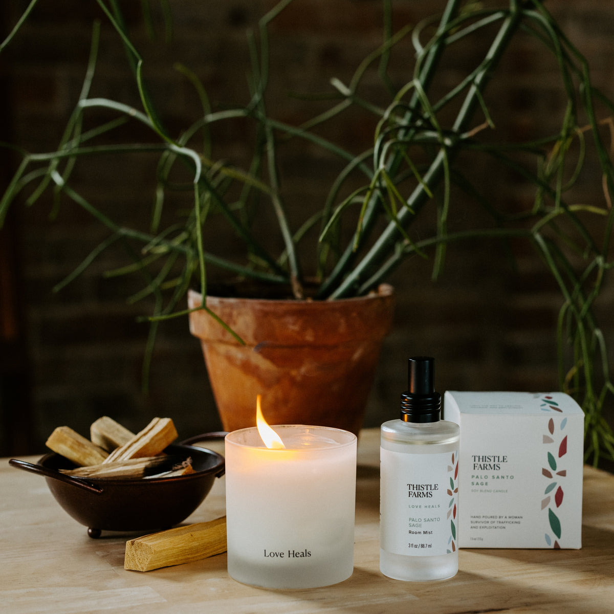 A white lit candle in a frosted tumbler placed next to a frosted spray glass with Palo Santo Room Mist. A decorated box for the white candle sits in the background next to the sage plant in a terra cotta pot.