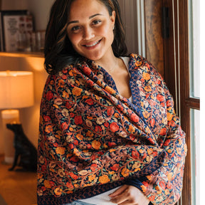 Navy Embroidered Floral Shawl