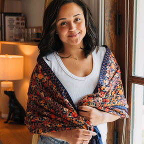 Navy Embroidered Floral Shawl