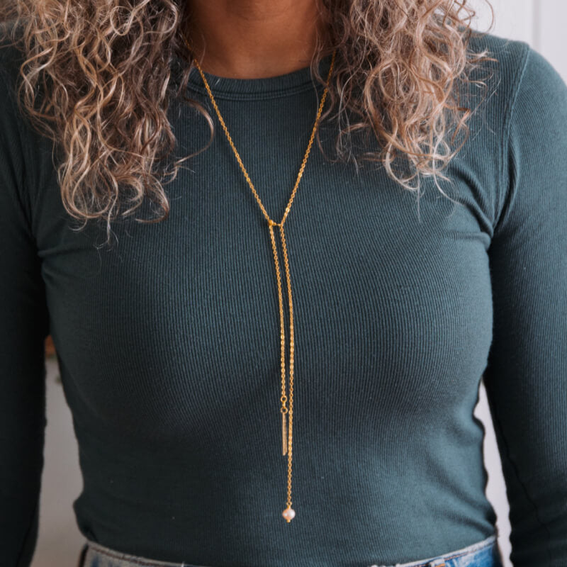 Brass & Pearl Lariat Necklace