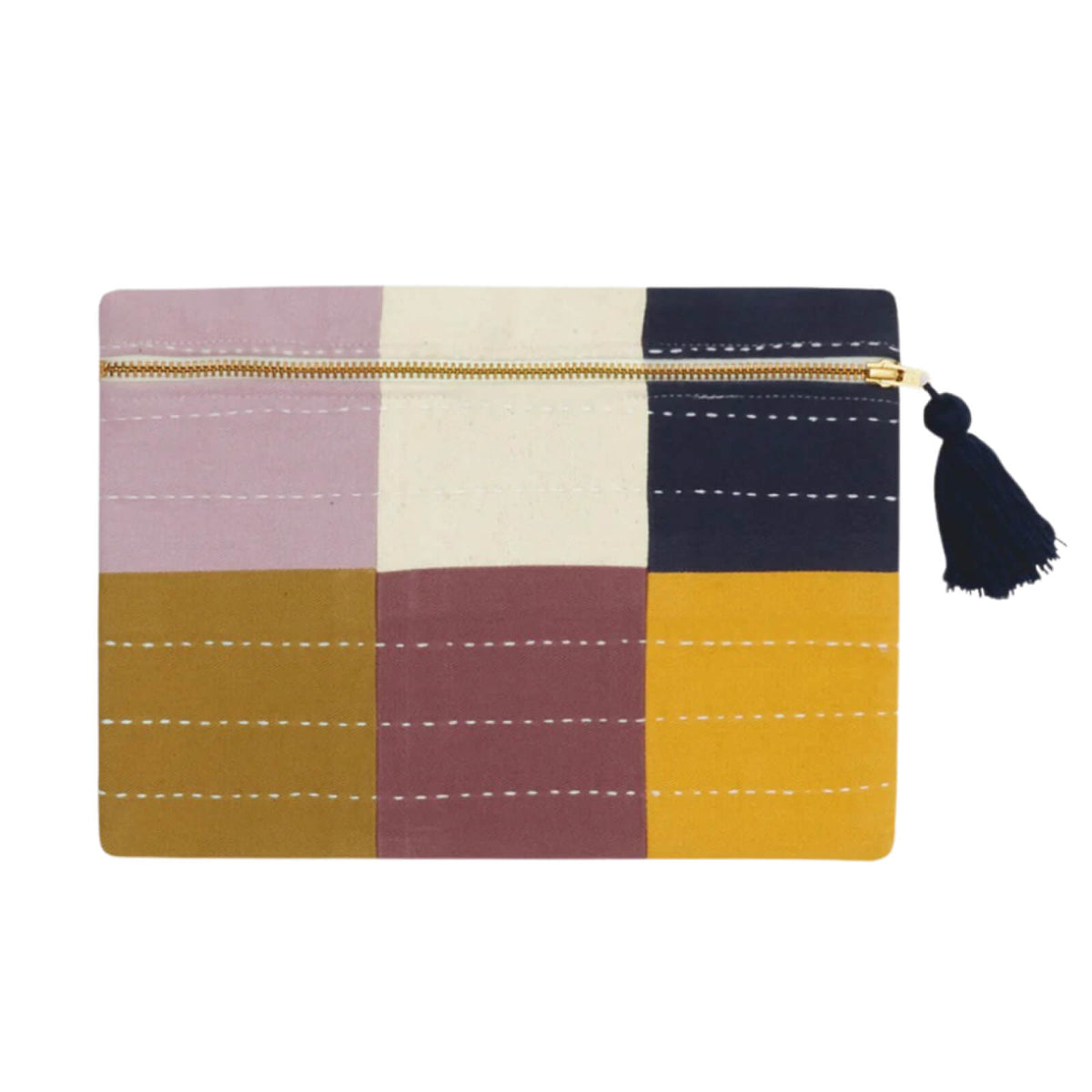 Colorful patchwork computer pouch with a tassel on a white background