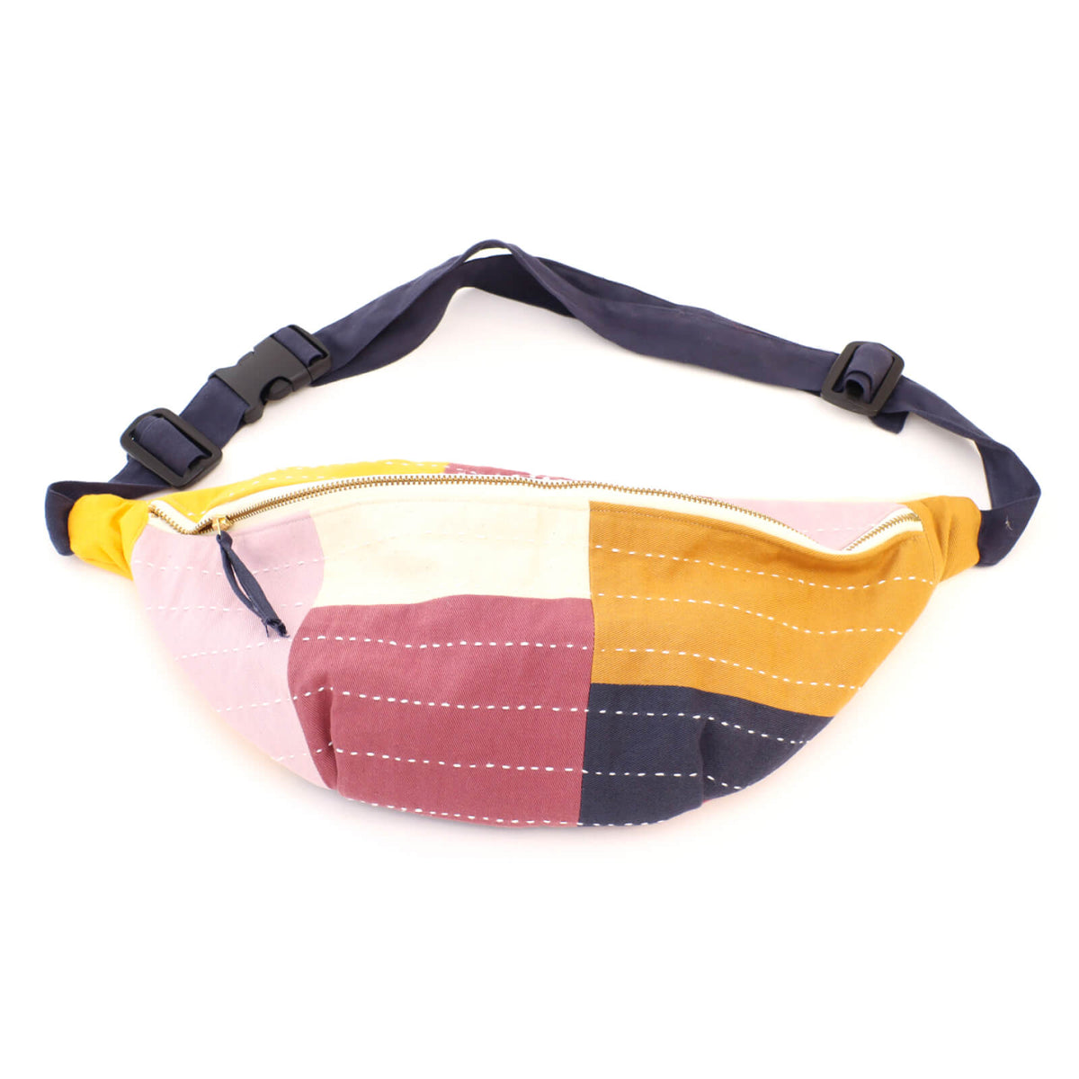 Multicolored patchwork waist bag with a navy strap on a white background