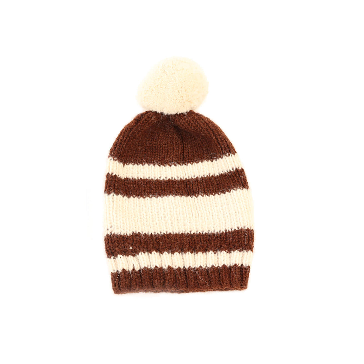 Knitted beanie with brown and white stripes and a pom-pom on a white background