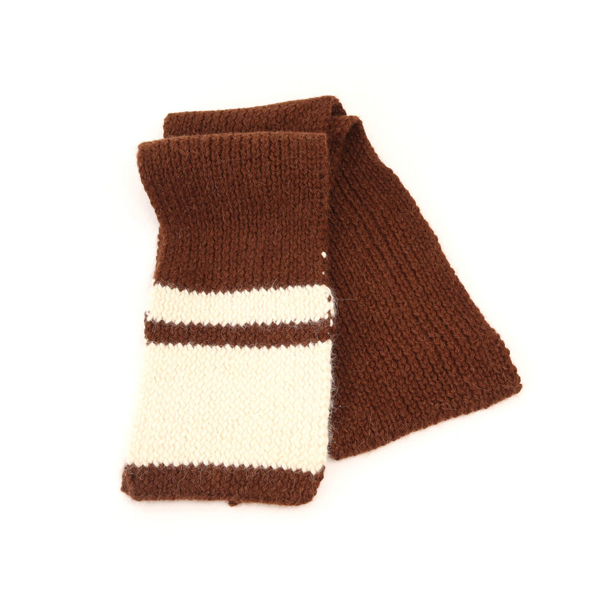 Brown and white striped scarf on a white background