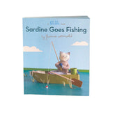 Book titled 'Sardine Goes Fishing' with a cat character in a boat on the cover.