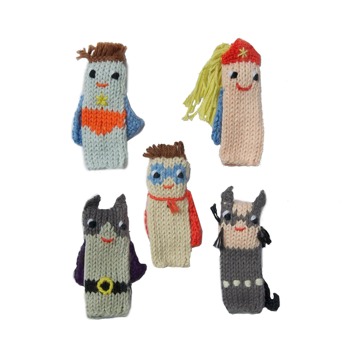 Five knitted finger puppets in superhero costumes 