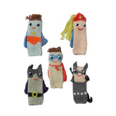 Five knitted finger puppets in superhero costumes 