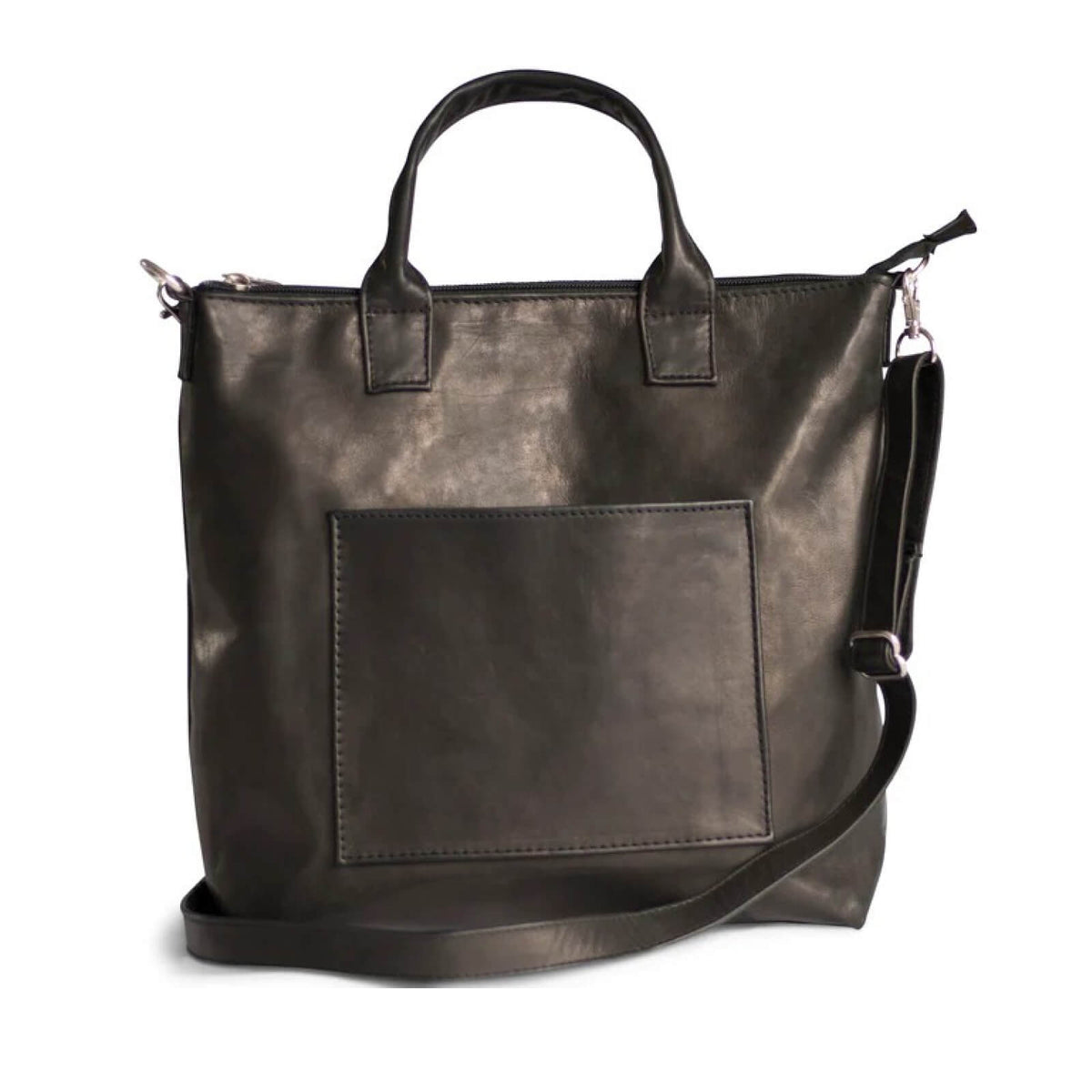 Black leather tote bag with a shoulder strap on a white background