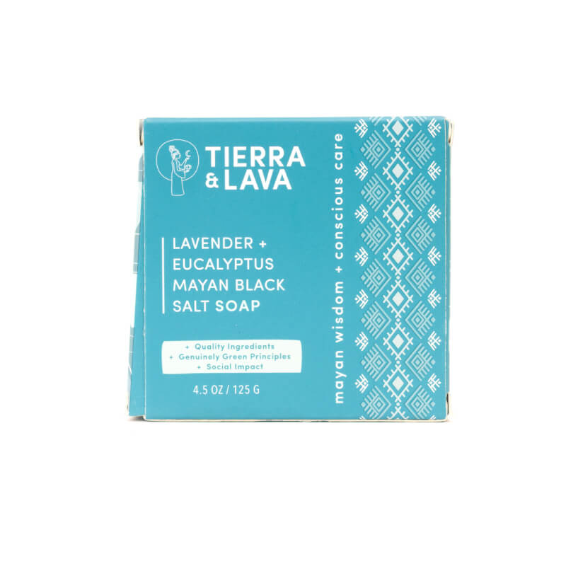 Tierra & Lava lavender and eucalyptus soap bar packaging on a white background