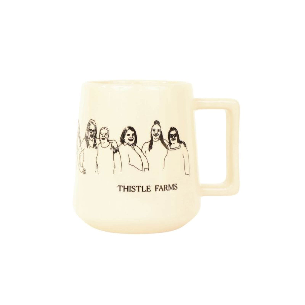 Beige mug with black illustrations and 'Thistle Farms' text on a white background