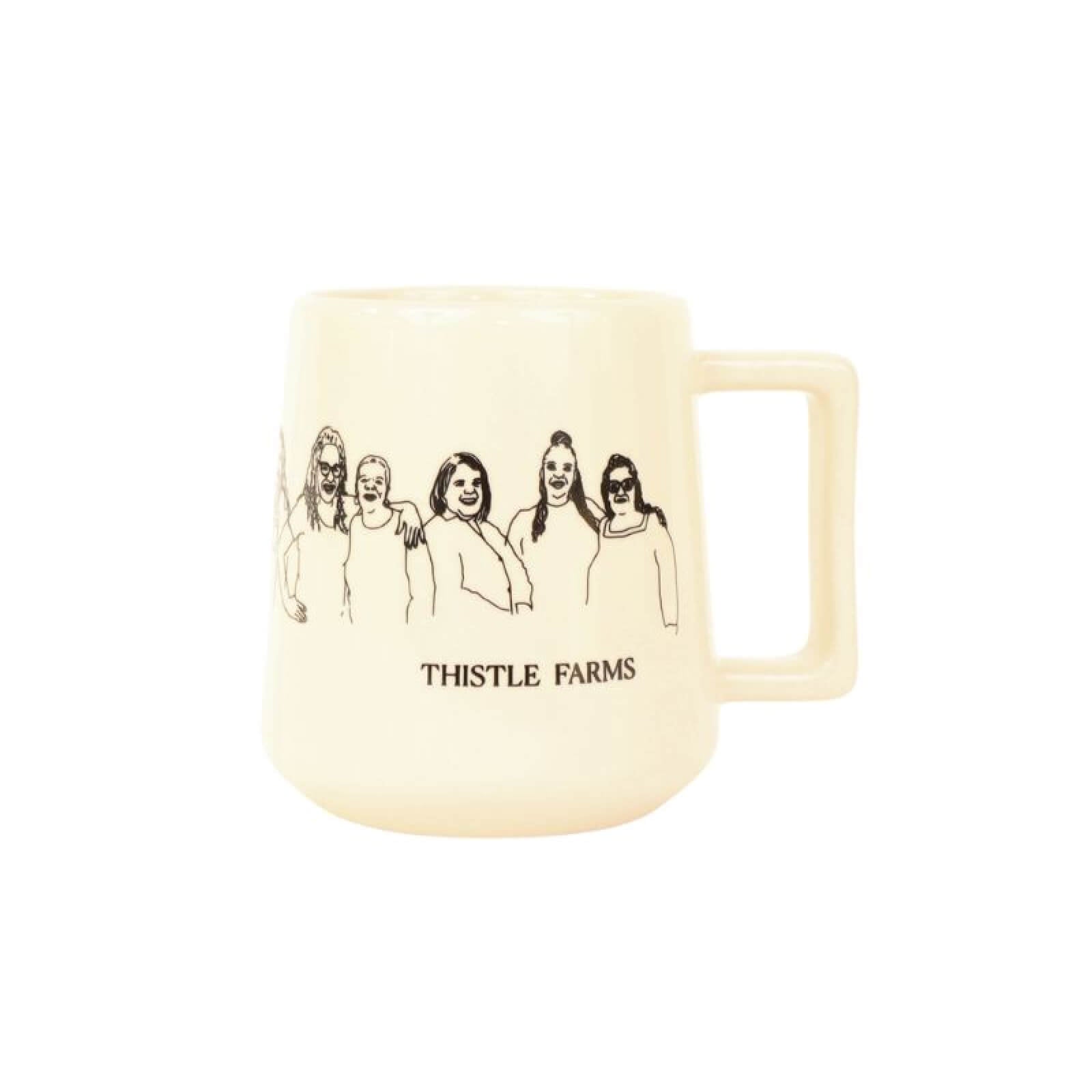 Beige mug with black illustrations and 'Thistle Farms' text on a white background