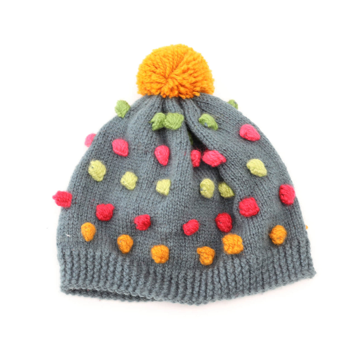 Gray knit hat with colorful pom-poms on a white background