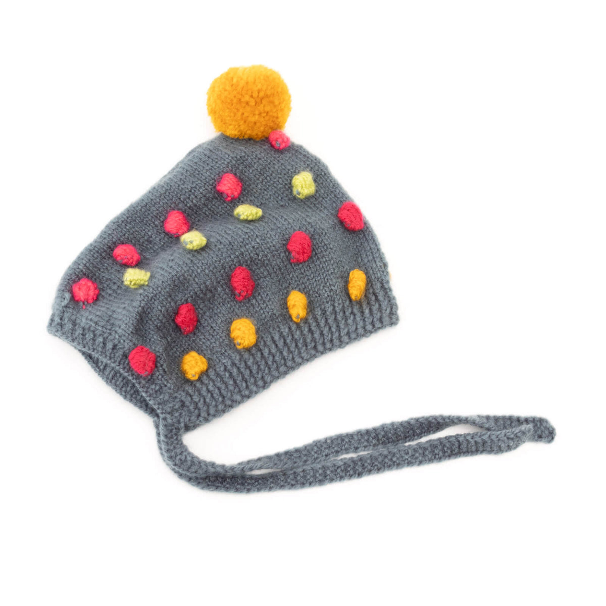 Gray knitted hat with colorful pom-poms on a white background