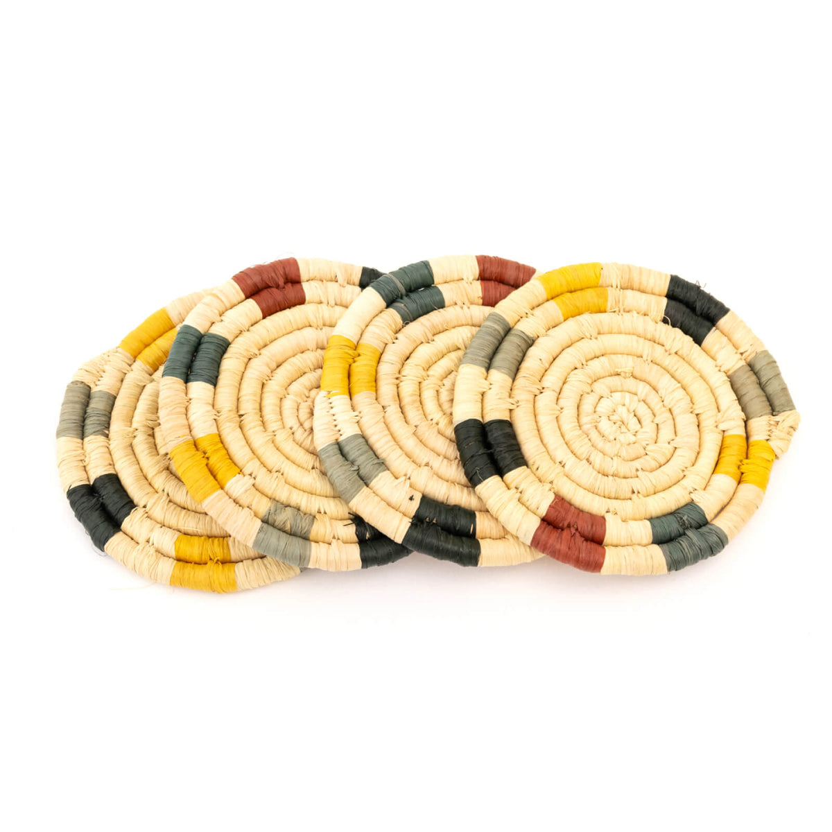 Set of woven coasters with multicolor pattern on a white background