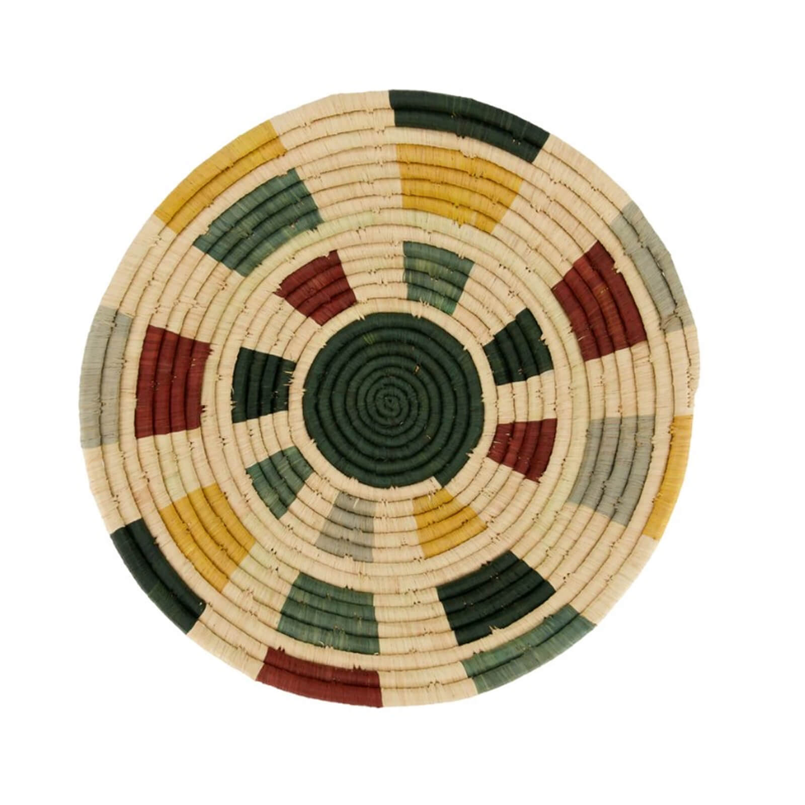 Round woven bowl with multicolored pattern on a white background