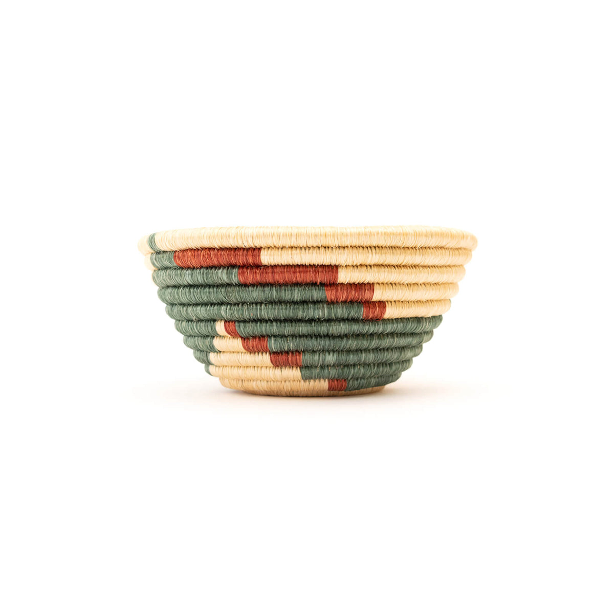 Woven bowl with a geometric pattern on a white background