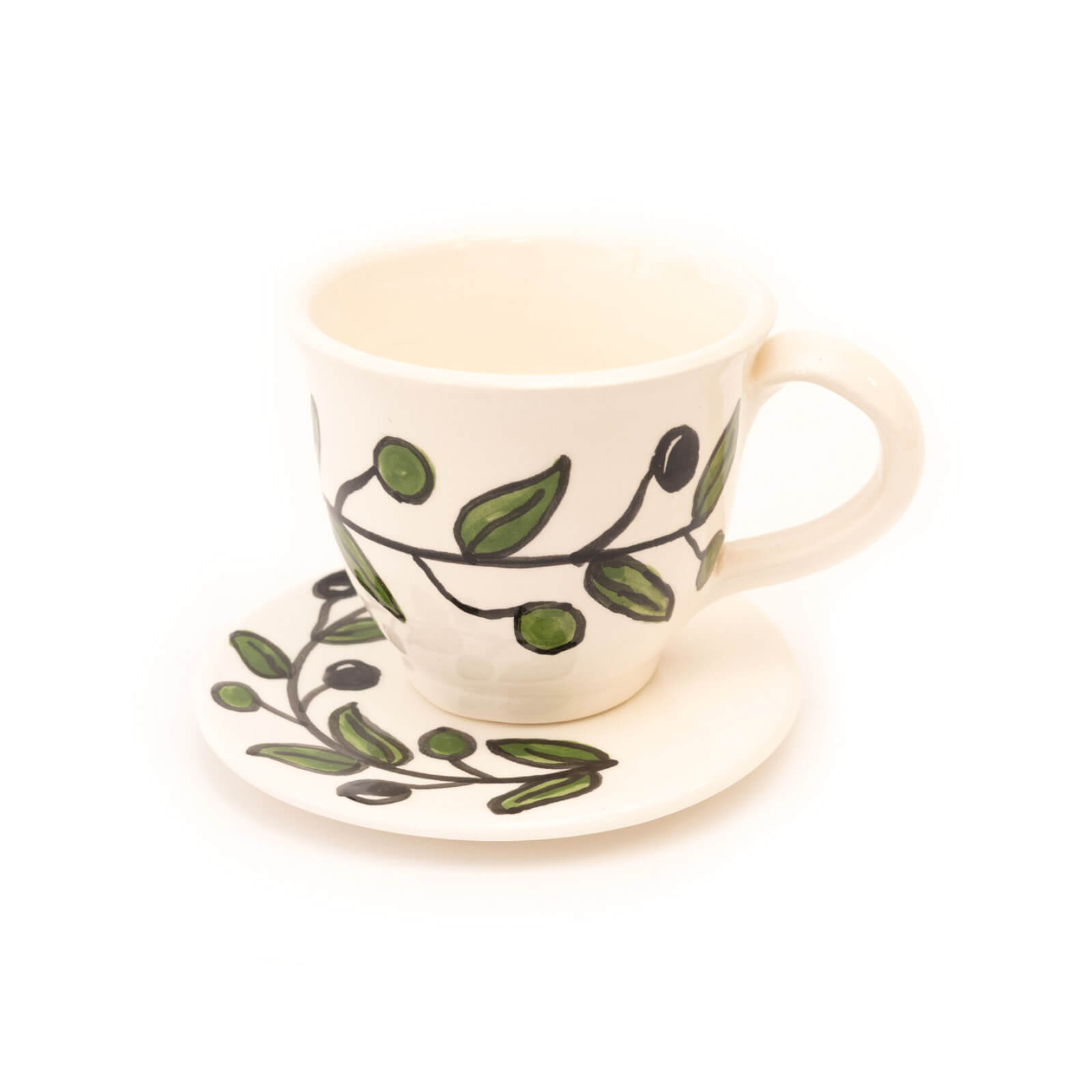 Ceramic cup and saucer with an olive branch design on a white background