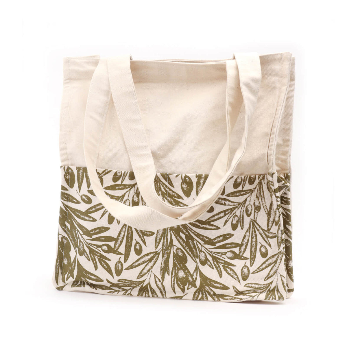 Tote bag with olive leaf pattern on a white background