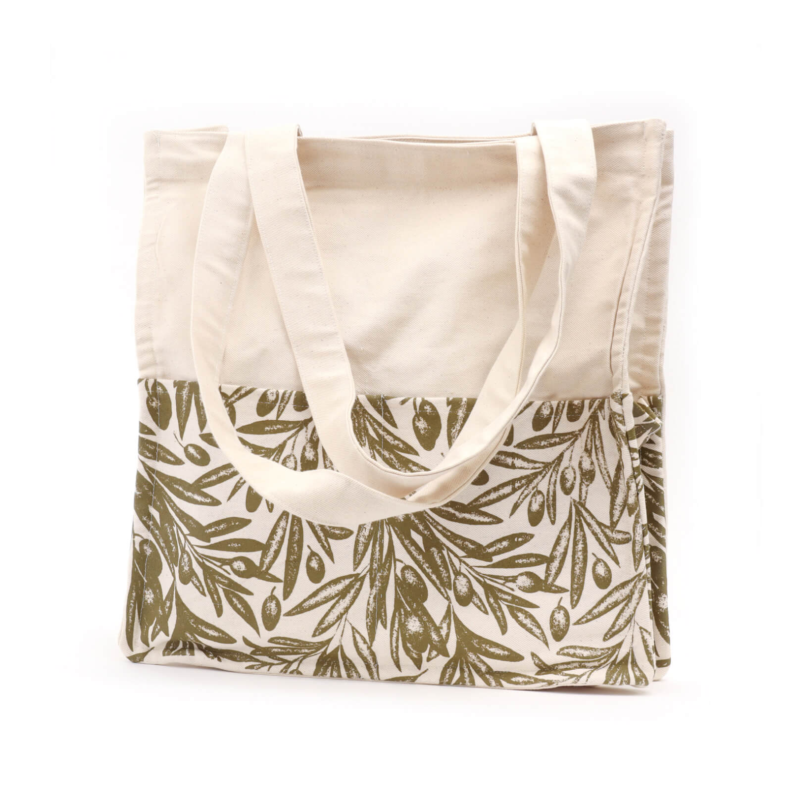 Tote bag with olive leaf pattern on a white background