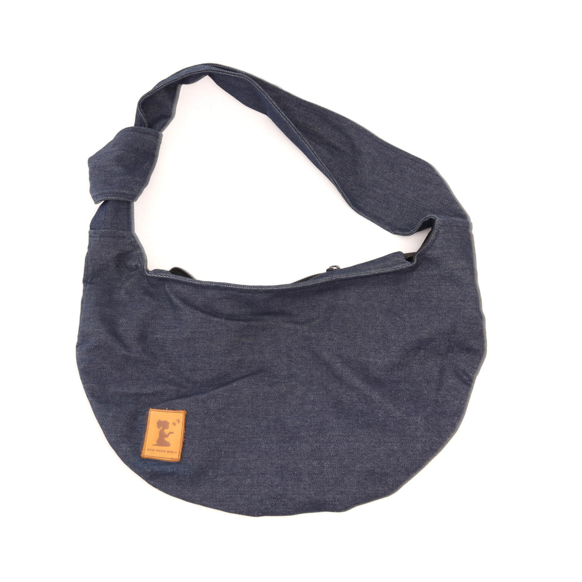 Navy blue shoulder bag with a brand logo on a white background