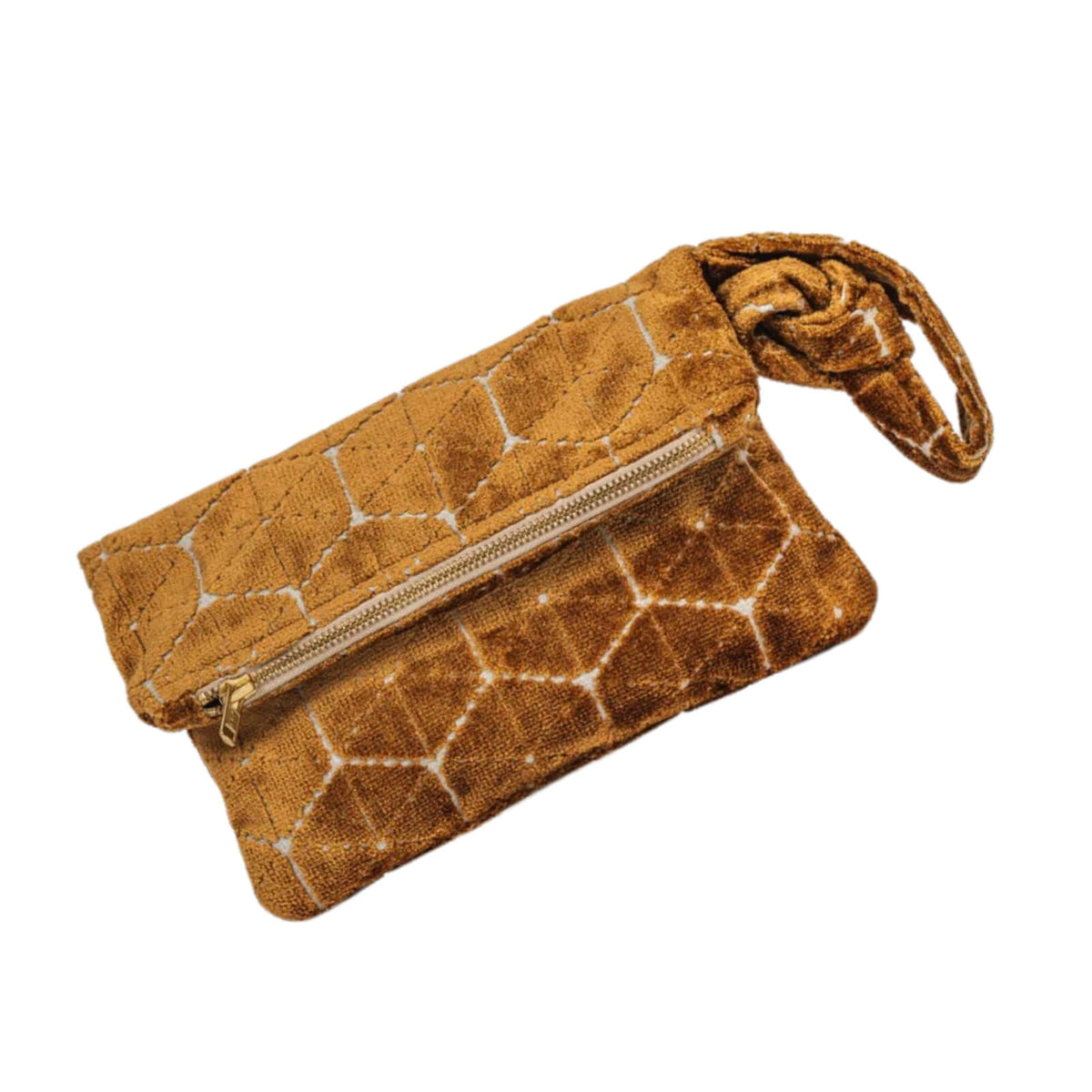 Brown textured pouch with a zipper on a white background