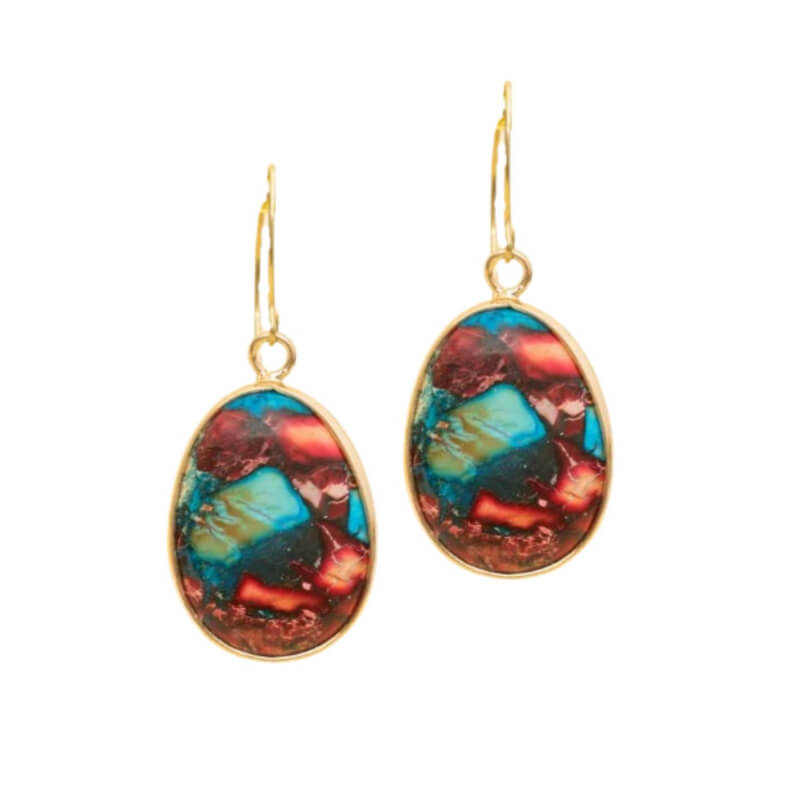 Multicolored oval earrings with gold hooks on a white background