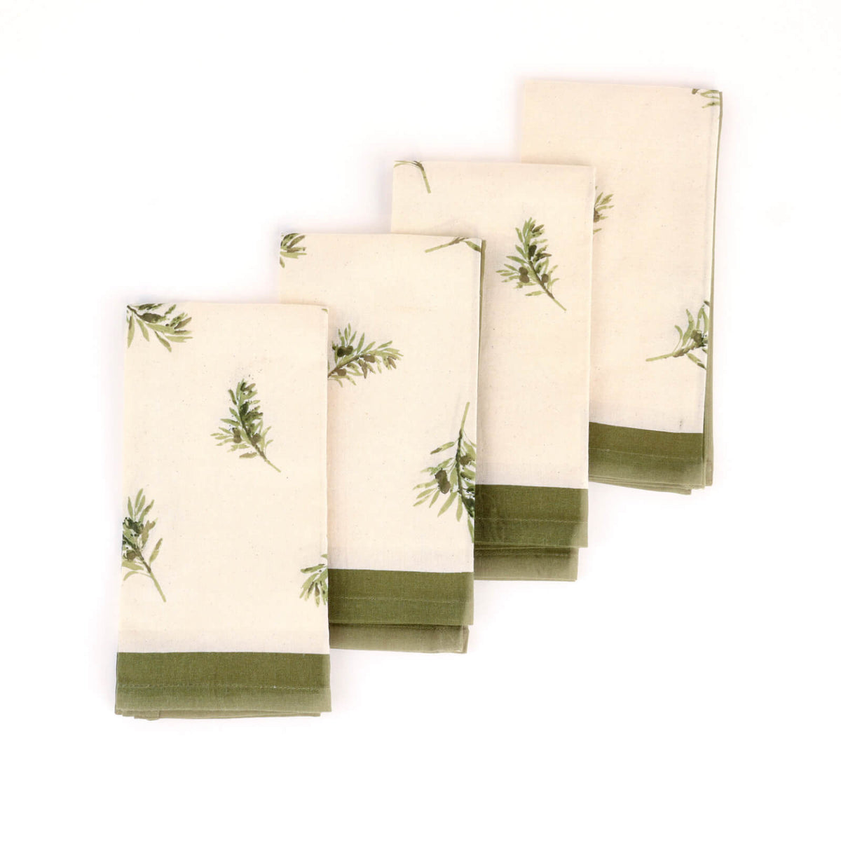 Set of four towels with green olive branch pattern on a white background