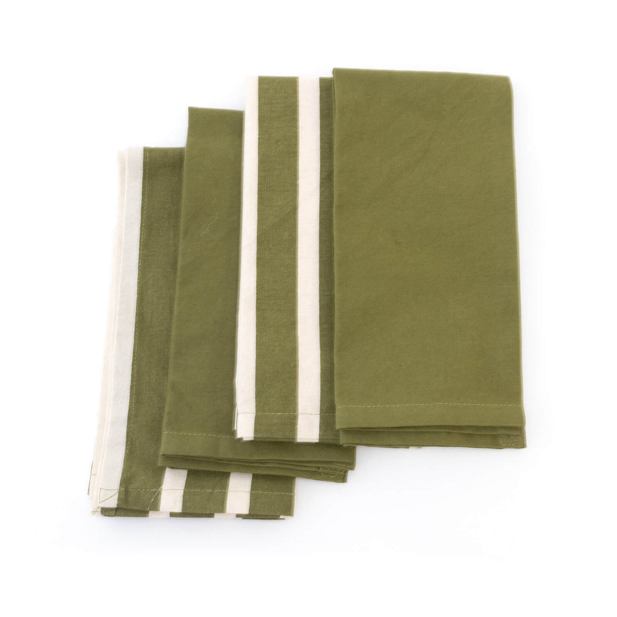 Set of green napkins with white stripes on a white background