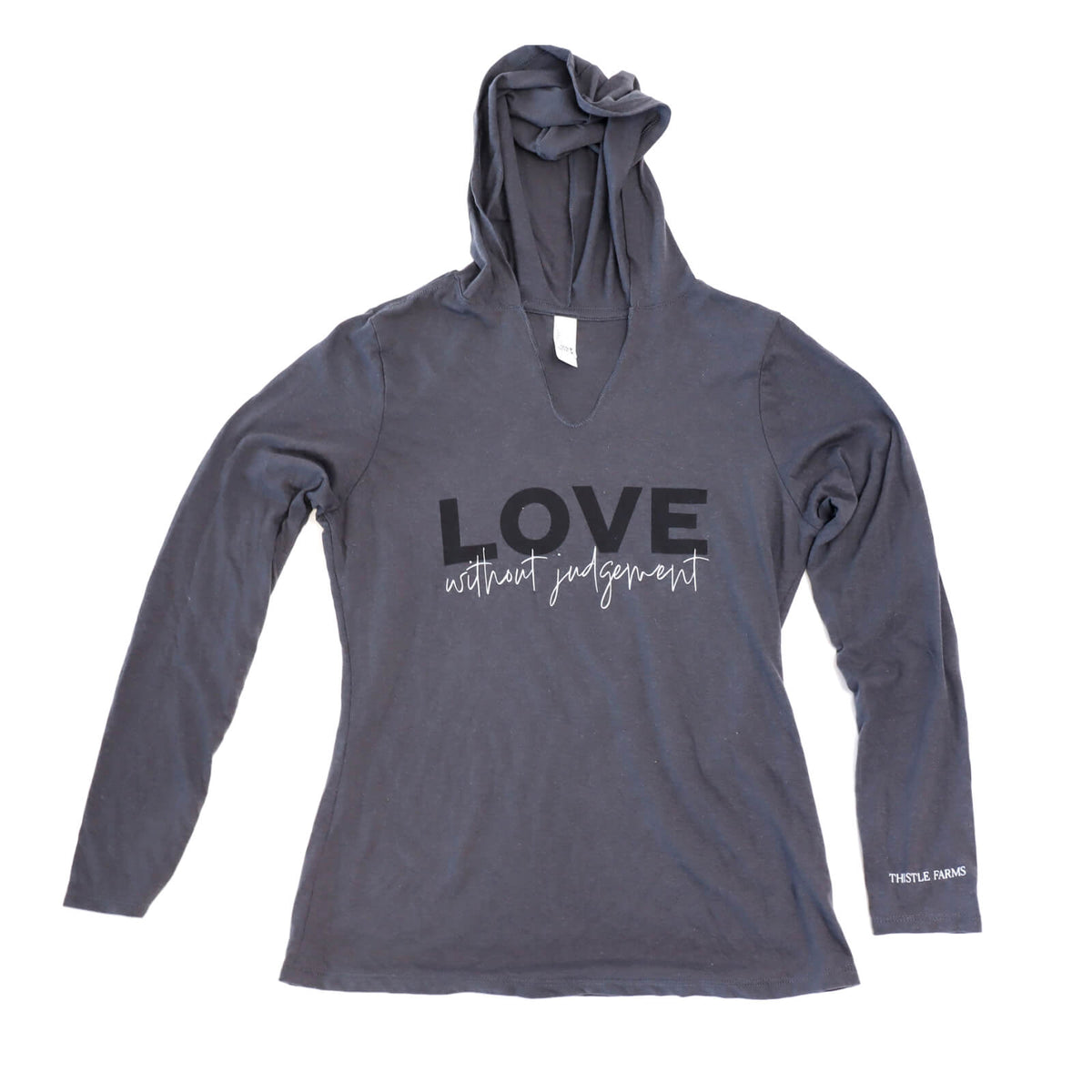 Gray long-sleeve hoodie with 'LOVE without judgement' text on a white background
