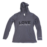 Gray long-sleeve hoodie with 'LOVE without judgement' text on a white background