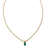 Necklace with a green pendant on a thin gold chain against a white background