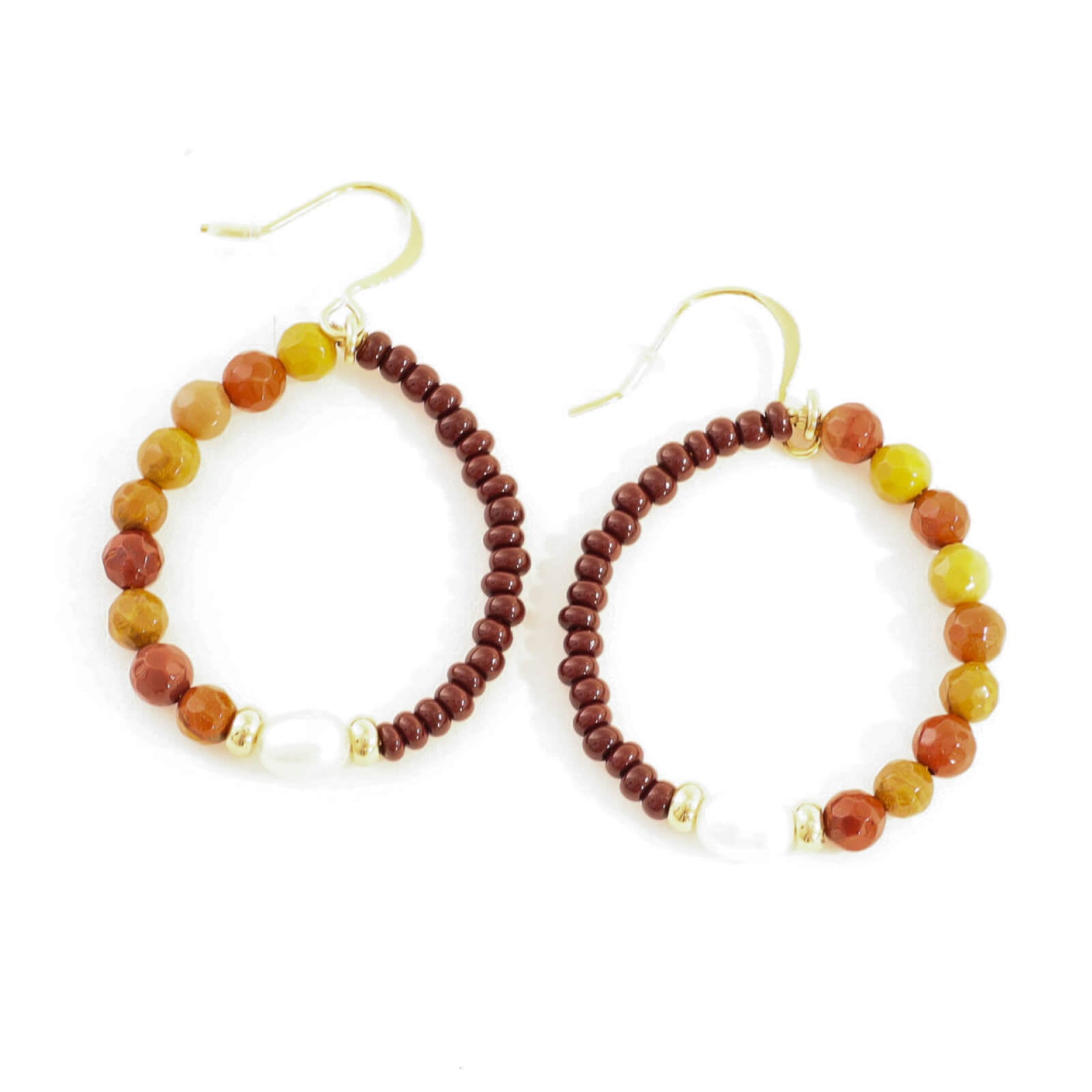 Pair of beaded hoop earrings with brown, yellow, and red beads on a white background
