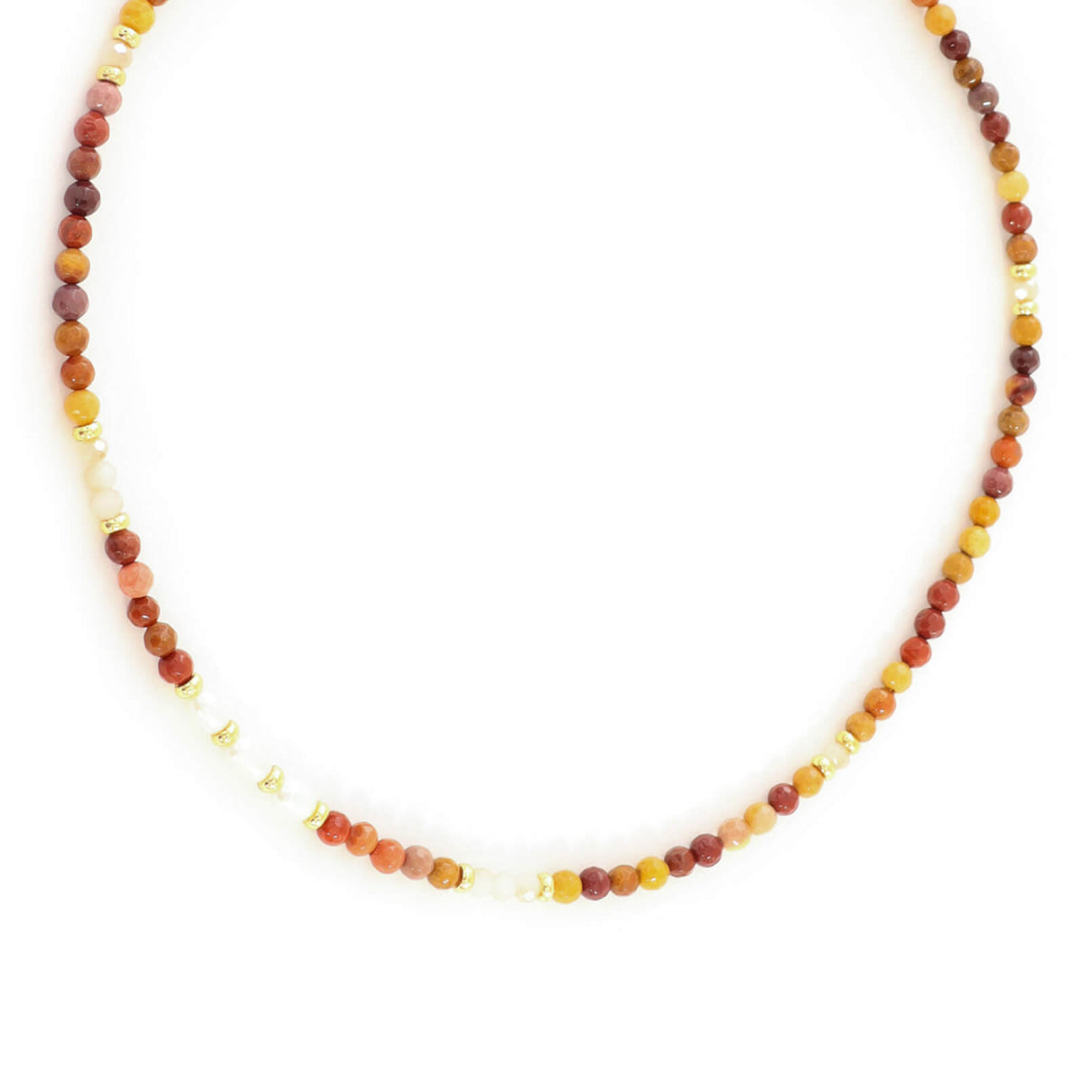 Necklace with multicolored beads on a white background