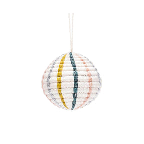 Decorative spherical ornament with multicolored stripes on a white background